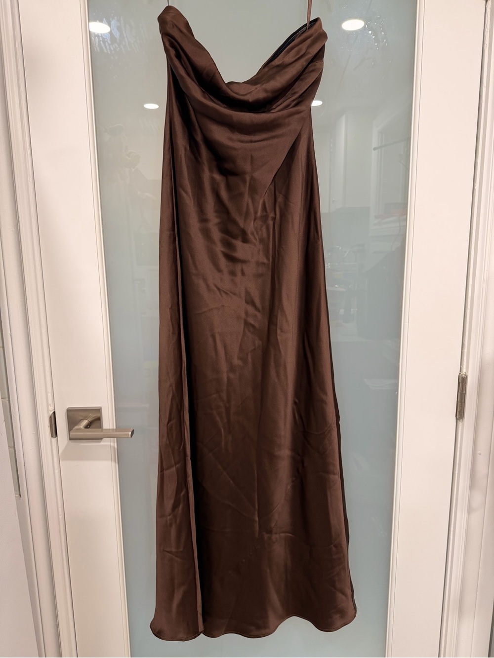 Quince Brown Hot Fudge 100% washable silk strapless midi dress